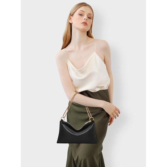 Women's Black Satin Evening Handbag with Detachable Chain for Prom Wedding Party - Picture 7 of 7